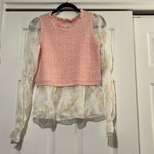 Anthropologie Mixed Media Sweater Sheer sleeve with Gold embroidery EUC size XS